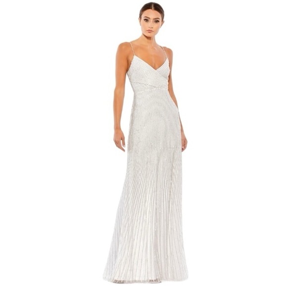 Mac Duggal 10817 Pearl White Beaded Art Deco Full Length Gown Dress Women’s US 4 - Picture 1 of 10